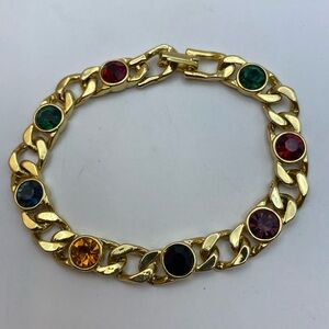 Vintage Cuban Link Gold Bracelet w/ Multicolor Stones – Made in USA